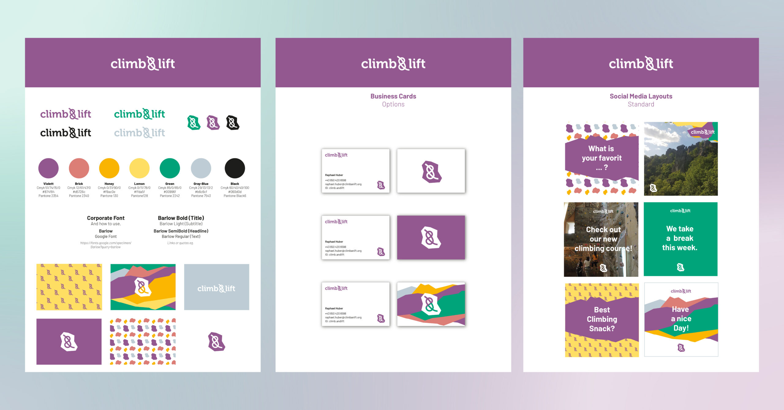 Styleguide des climb&lift Brand Designs mit Logo, Farben, Schriften und Patterns