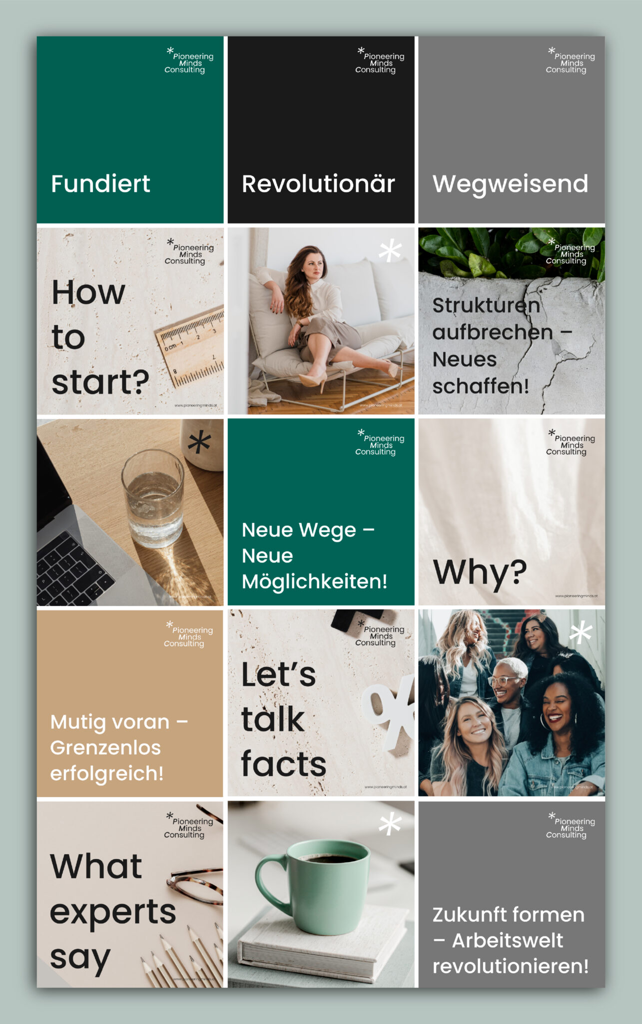 Social Media Grid Design für Pioneering Minds Consulting