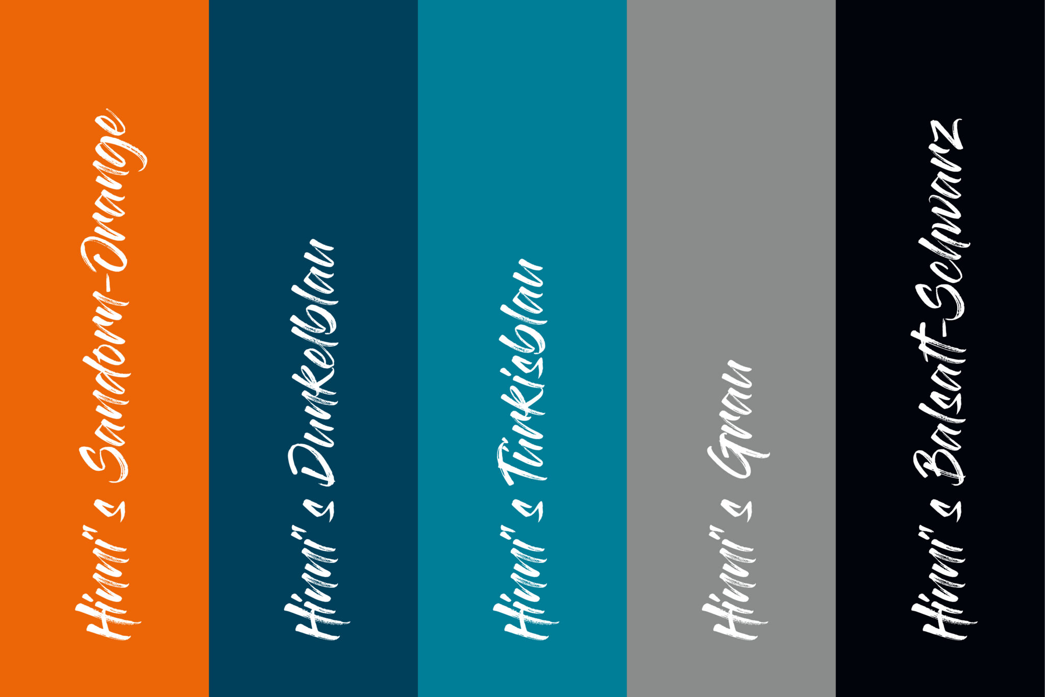 Hinni’s Strandoase Farbpalette mit fünf Farbbalken: Sanddorn-Orange, Dunkelblau, Türkisblau, Grau und Basalt-Schwarz