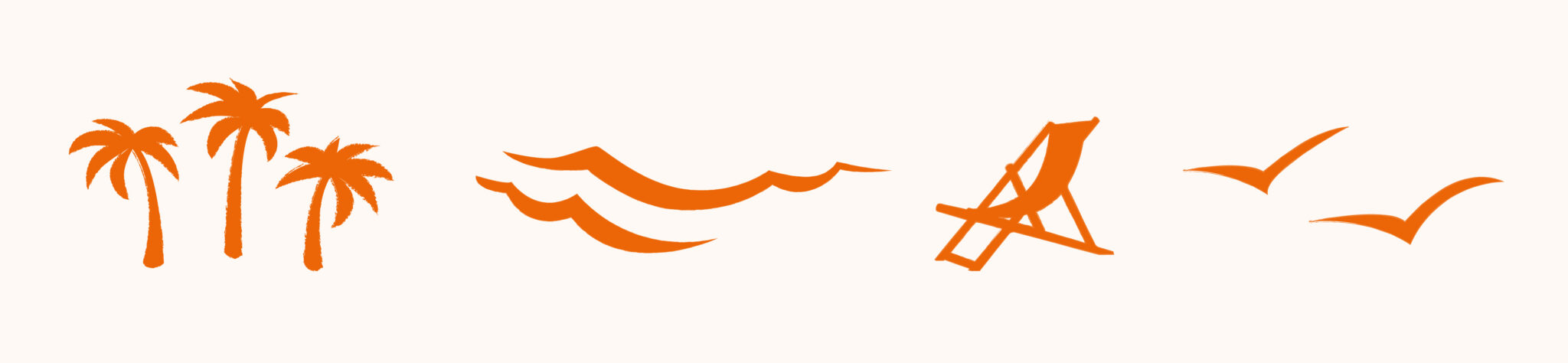 Hinni’s Strandoase Icons: drei Palmen, Wellen, ein Liegestuhl und zwei Möwen in Orange