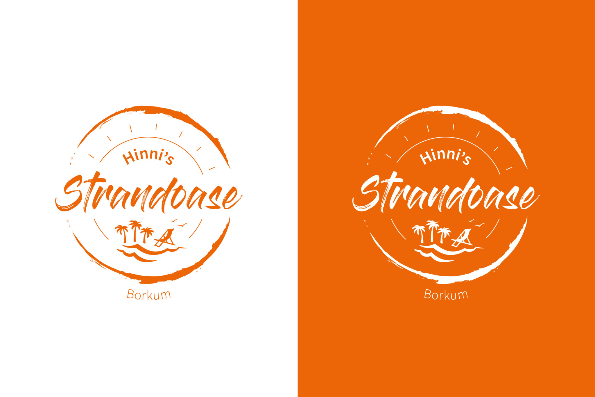 Hinni’s Strandoase Logo in Orange auf Weiß und in Weiß auf Orange, mit Strand- und Palmenmotiv, Borkum