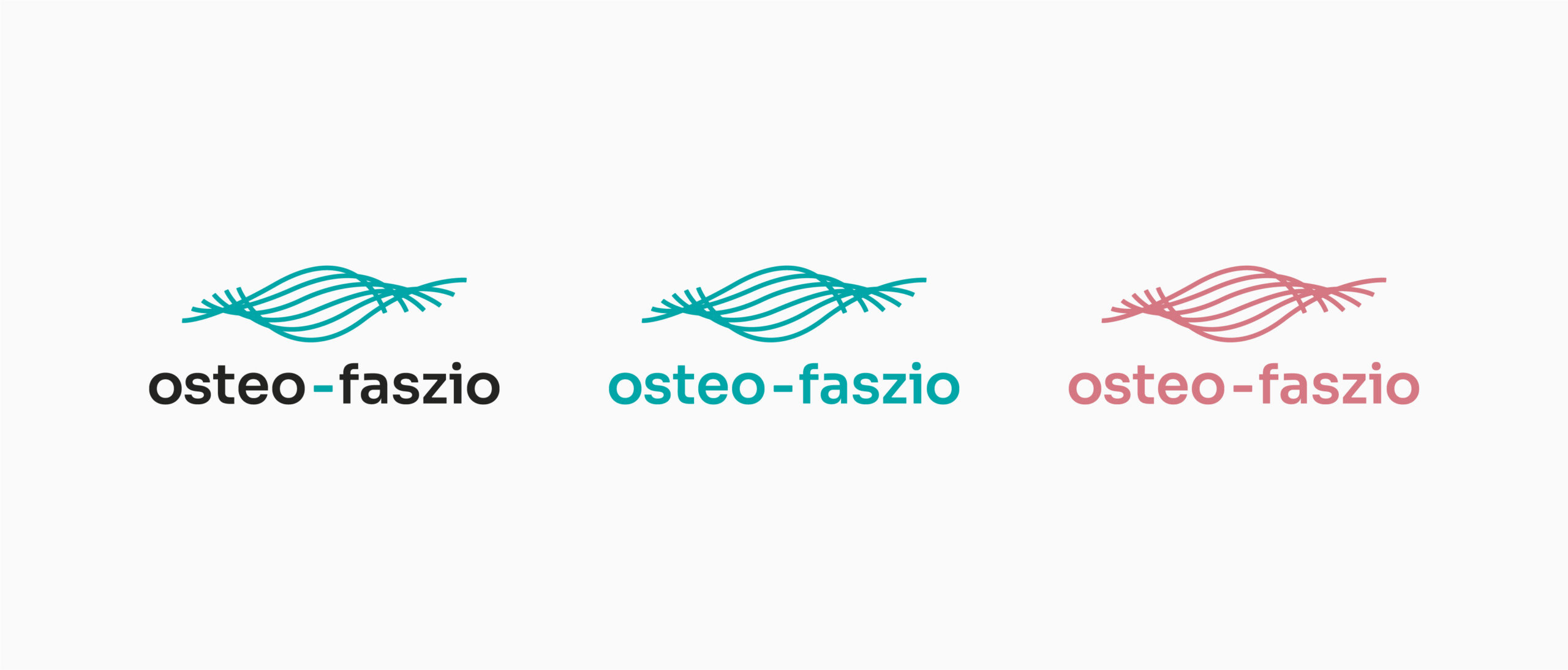 osteo-faszio Brand Design Logo Varianten in Schwarz-Türkis, Türkis und Rosa.