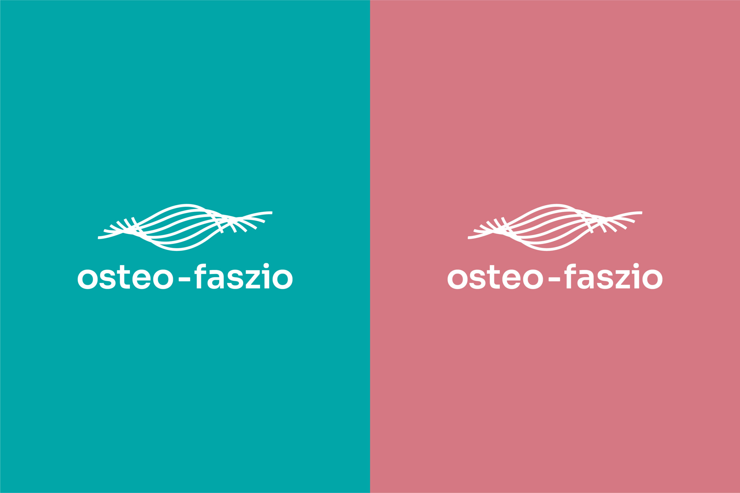 osteo-faszio Logovarianten in Weiss auf halb türkisem halb pinkem Hintergrund