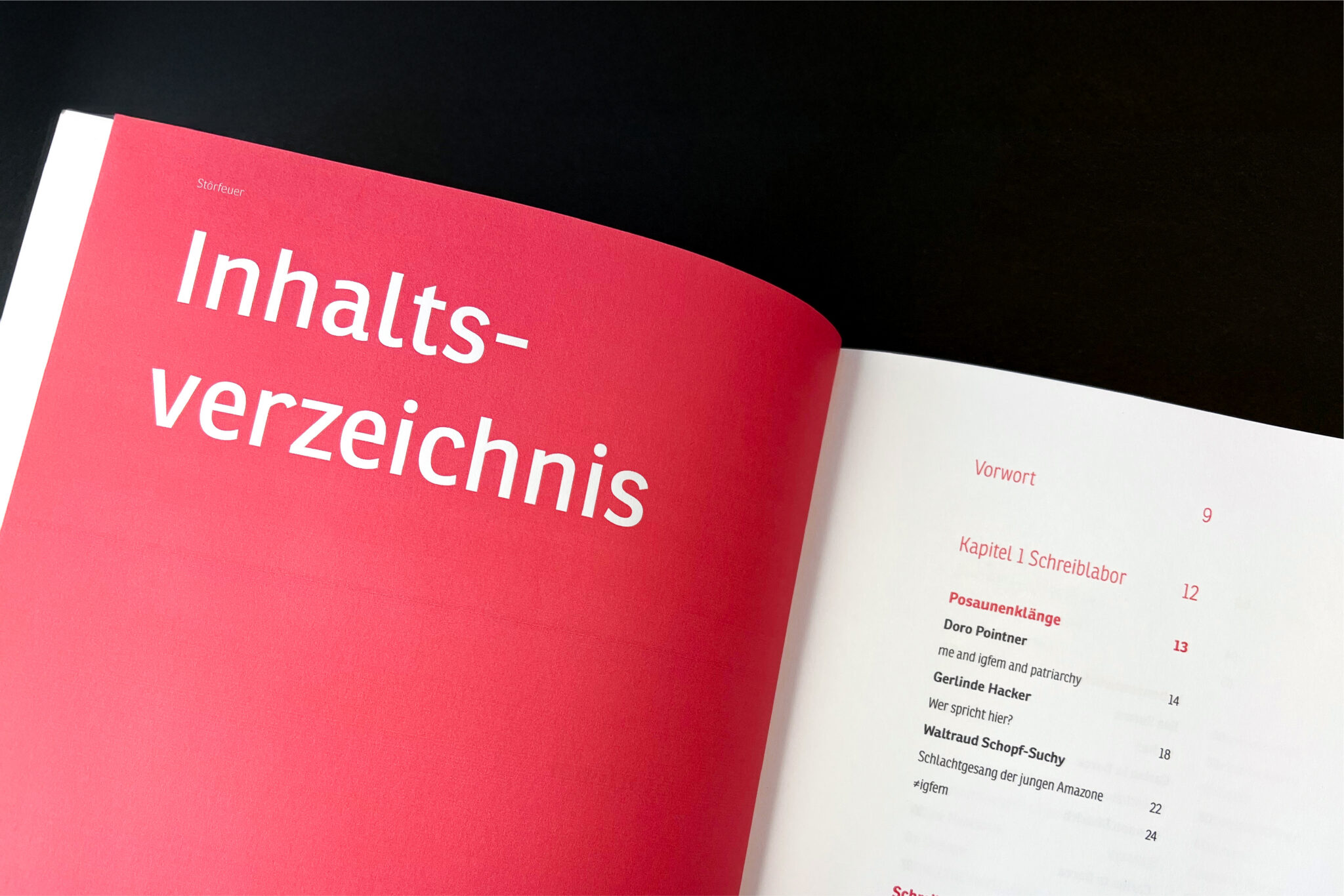 Rotes Inhaltsverzeichnis des Buchs Störfeuer der ≠igfem. Foto: © Stefanie Dippelreiter.