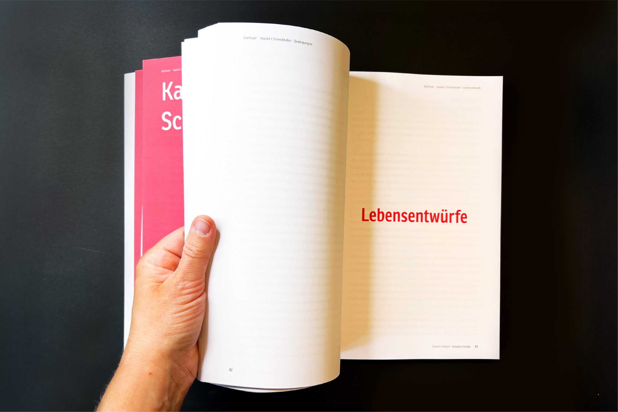 Offene Buchseite mit dem Kapitelstart Lebensentwürfe im ≠igfem-Buch Störfeuer. Editorial Design in reduzierter, klarer Typografie. Foto: © Stefanie Dippelreiter.
