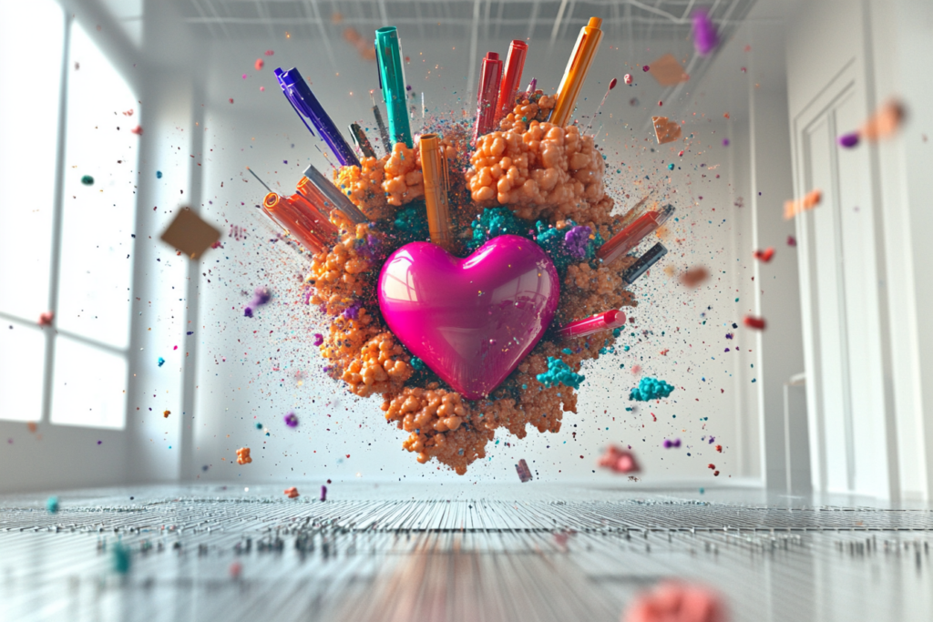 Schwebeendes 3D-Herz in leuchtendem Pink, umgeben von bunten Stiften, Farbspritzern und texturierten Elementen in einem hellen, modernen Raum – kreatives Symbol für Leidenschaft, Kunst und Inspiration.