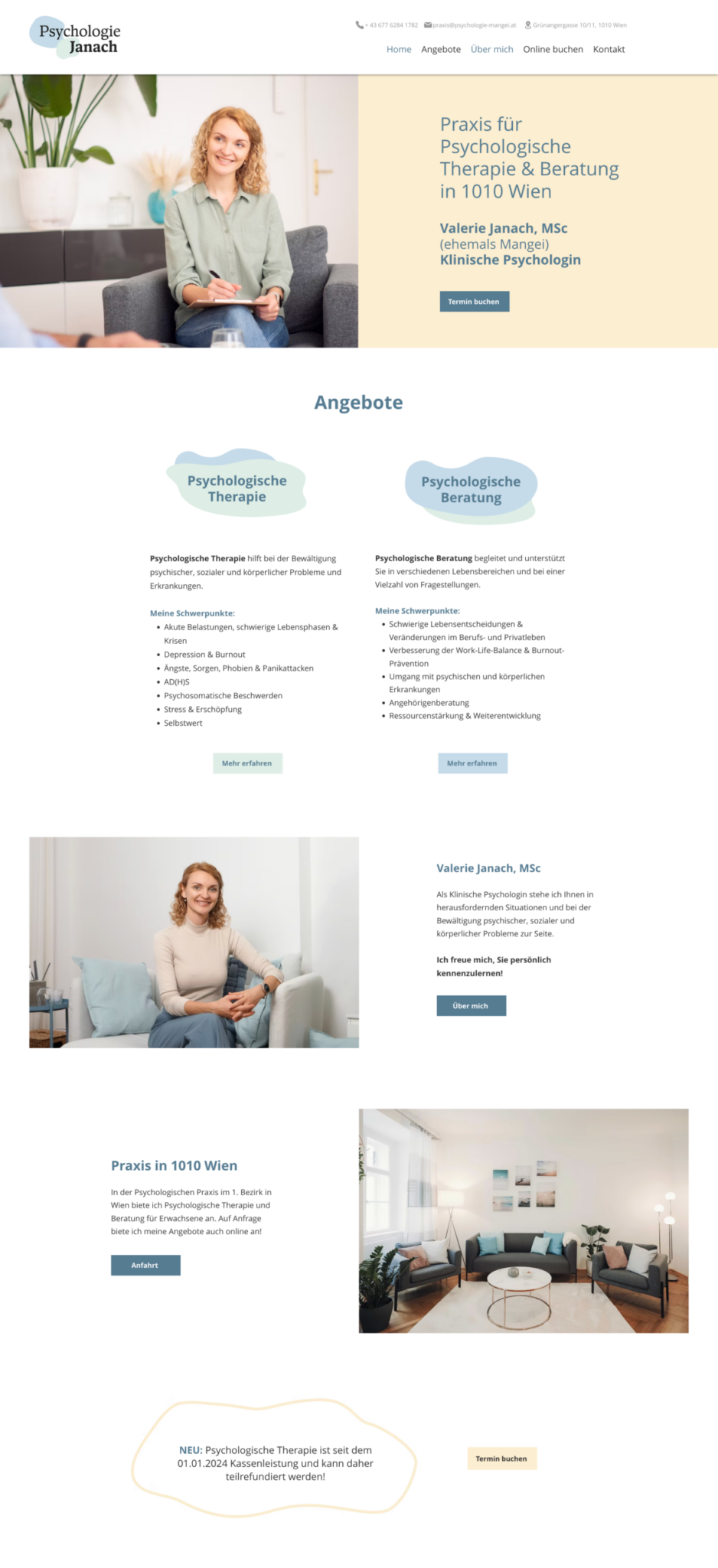 Website der Psychologie-Praxis Janach, ehemals Mangei, in Wien mit Praxisporträts