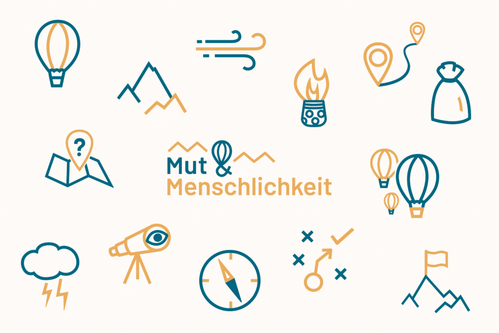 Logo Mut & Menschlichkeit eingebettet in Icons