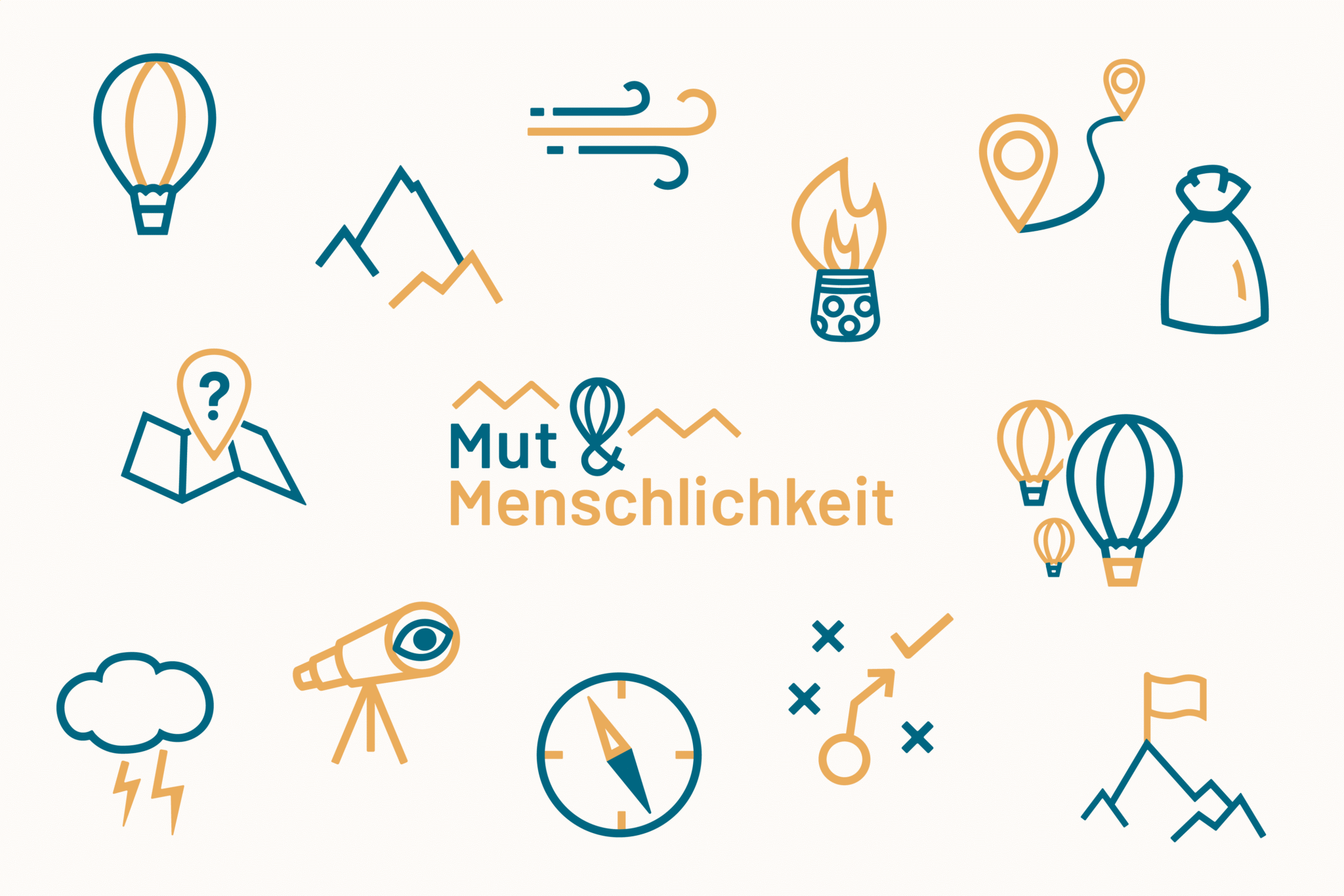 Logo Mut & Menschlichkeit eingebettet in Icons