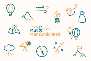 Logo Mut & Menschlichkeit eingebettet in Icons