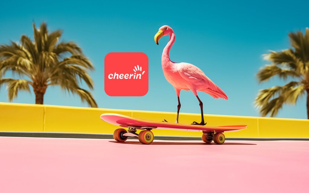 Visualisierung der Markenidentität für Cheer-in': App-Icon mit einem Flamingo auf einem Skateboard vor Strandhintergrund als Teil der Brand-Vibe-Gestaltung.