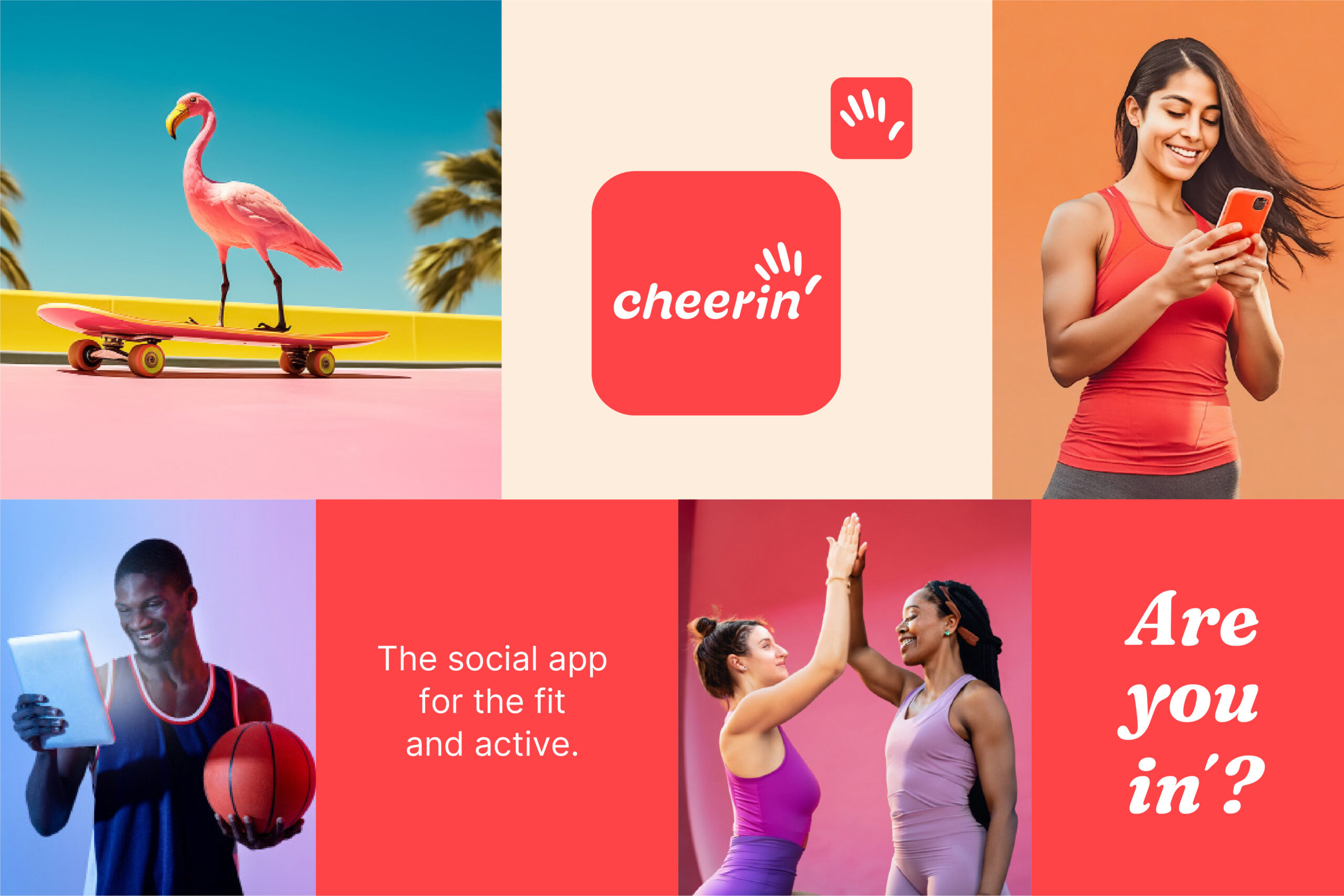 Visualisierung der Markenentwicklung für Cheer-in': Moodboard mit Logo, App-Design auf Tablet und Smartphone sowie aktiven Menschen für ein lebendiges Brand Design.