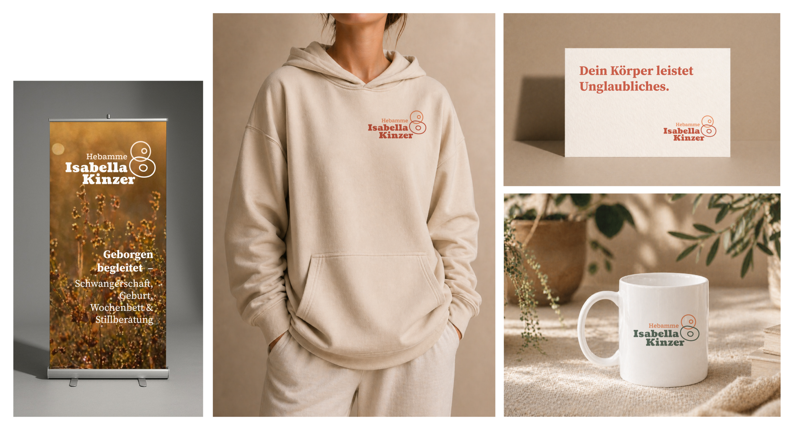 Markenanwendungen für Hebamme Isabella Kinzer auf Roll-up, Hoodie, Karte und Tasse
